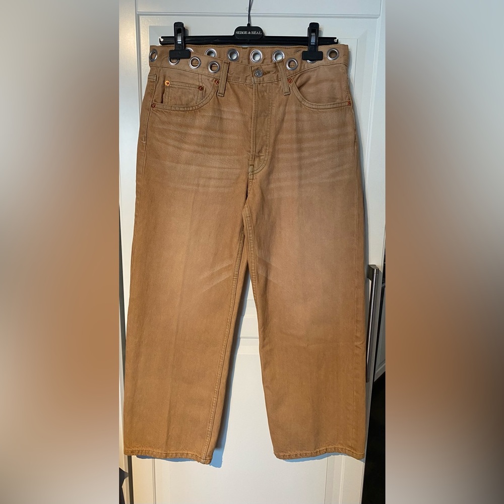 RE/DONE Jeans Loose Cropped Flare Studded Tan Sz 26